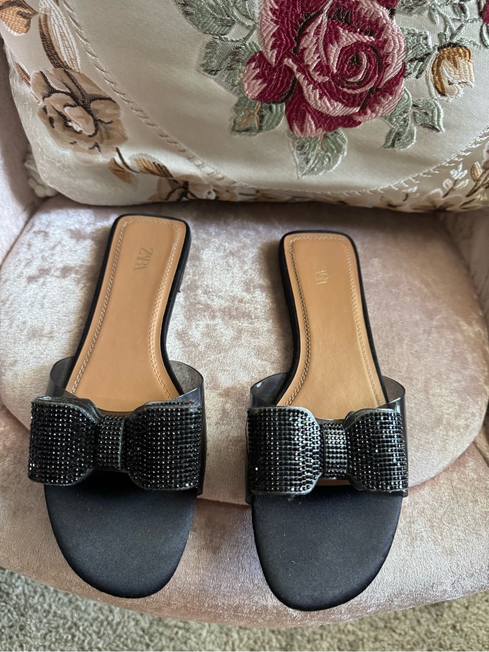 Zara Black Bow Slide Sandals